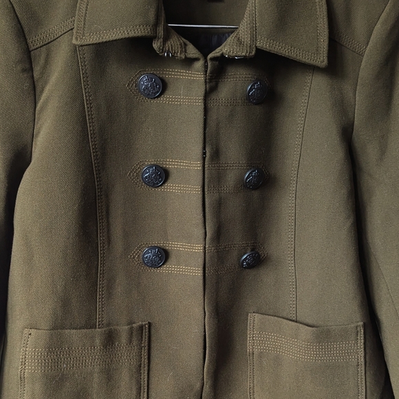 Loft Crop Blazer Jacket Women 12 Military Green Double Breasted Brass 6 Buttons - Picture 2 of 10